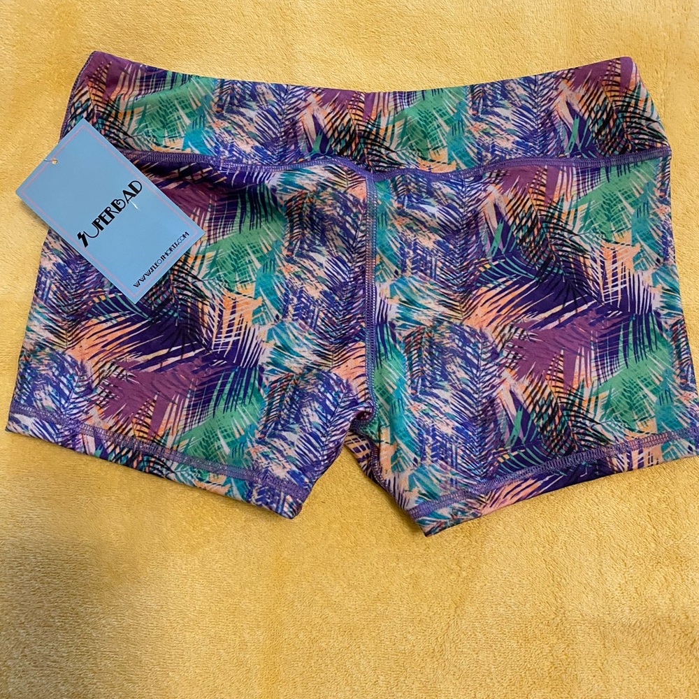 Fleo Purple and Green Athletic Shorts Vibrant Palm Print